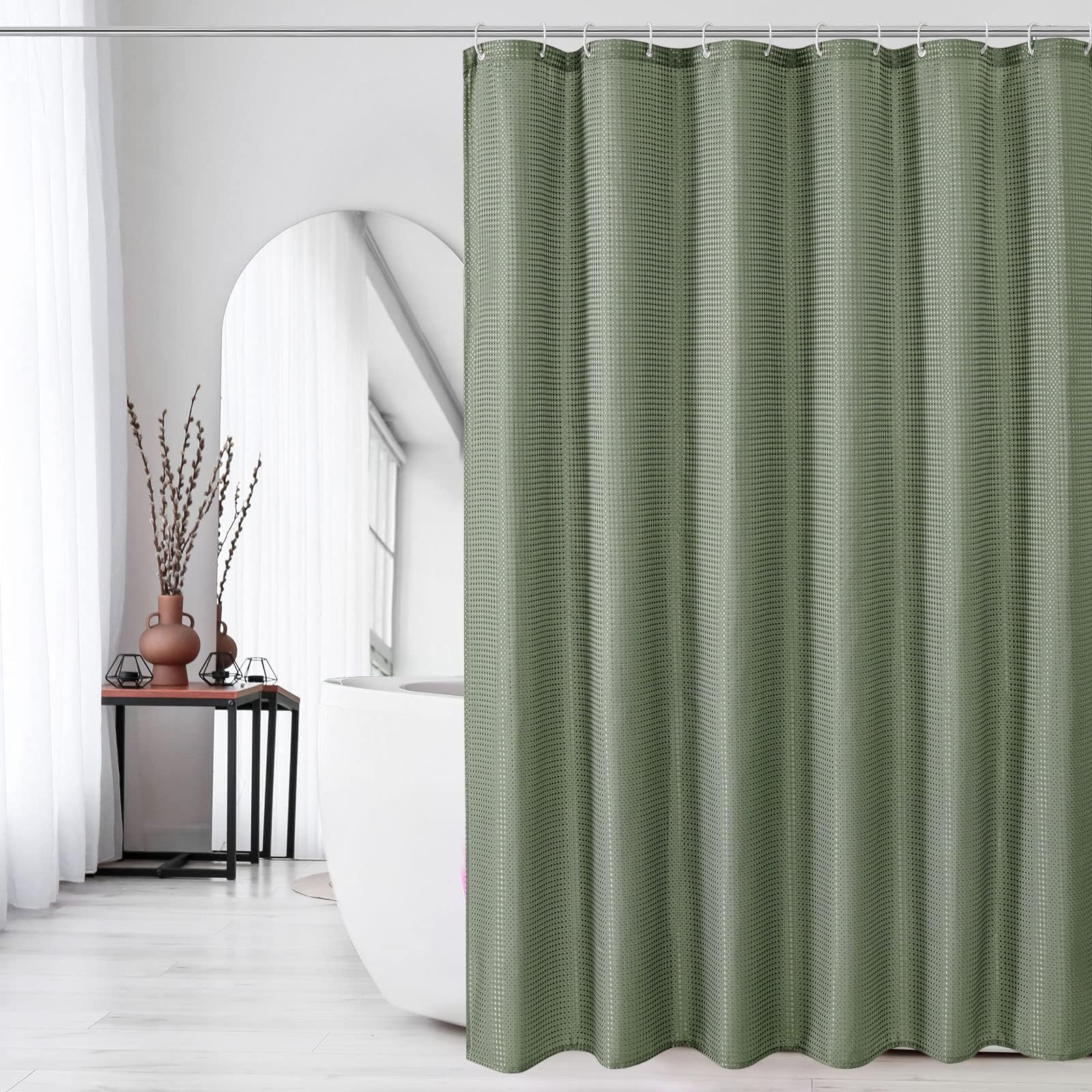 Sage Green Shower Curtain, Waffle Weave Textured Fabric Shower Curtain for Bathroom, Soft Cloth & Hotel Spa Luxury, Water Repellent, Machine Washable, 72X72