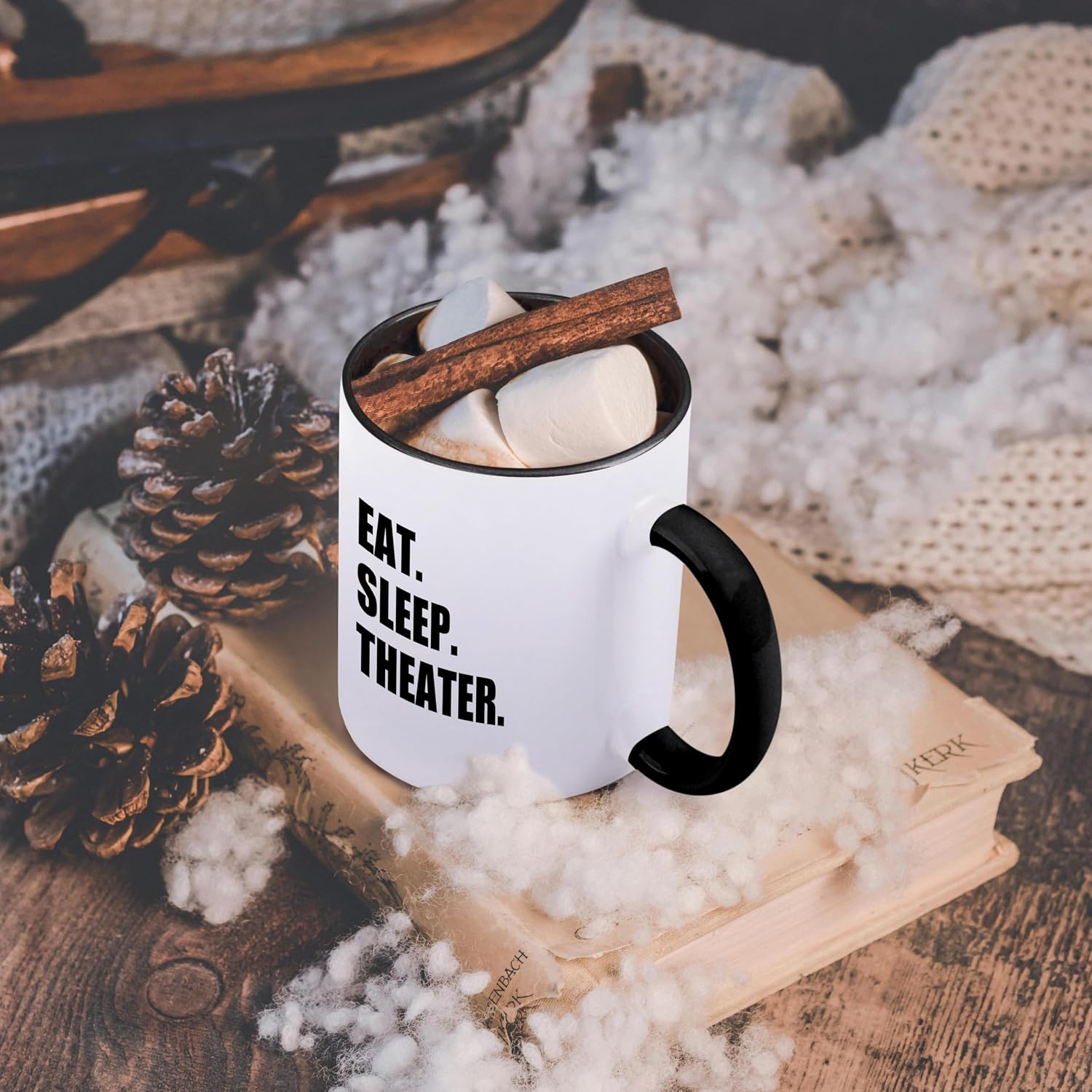 3dRose Eat Sleep Theater - black text - drama club addict - actor play acting 11oz Two-Tone Black Mug