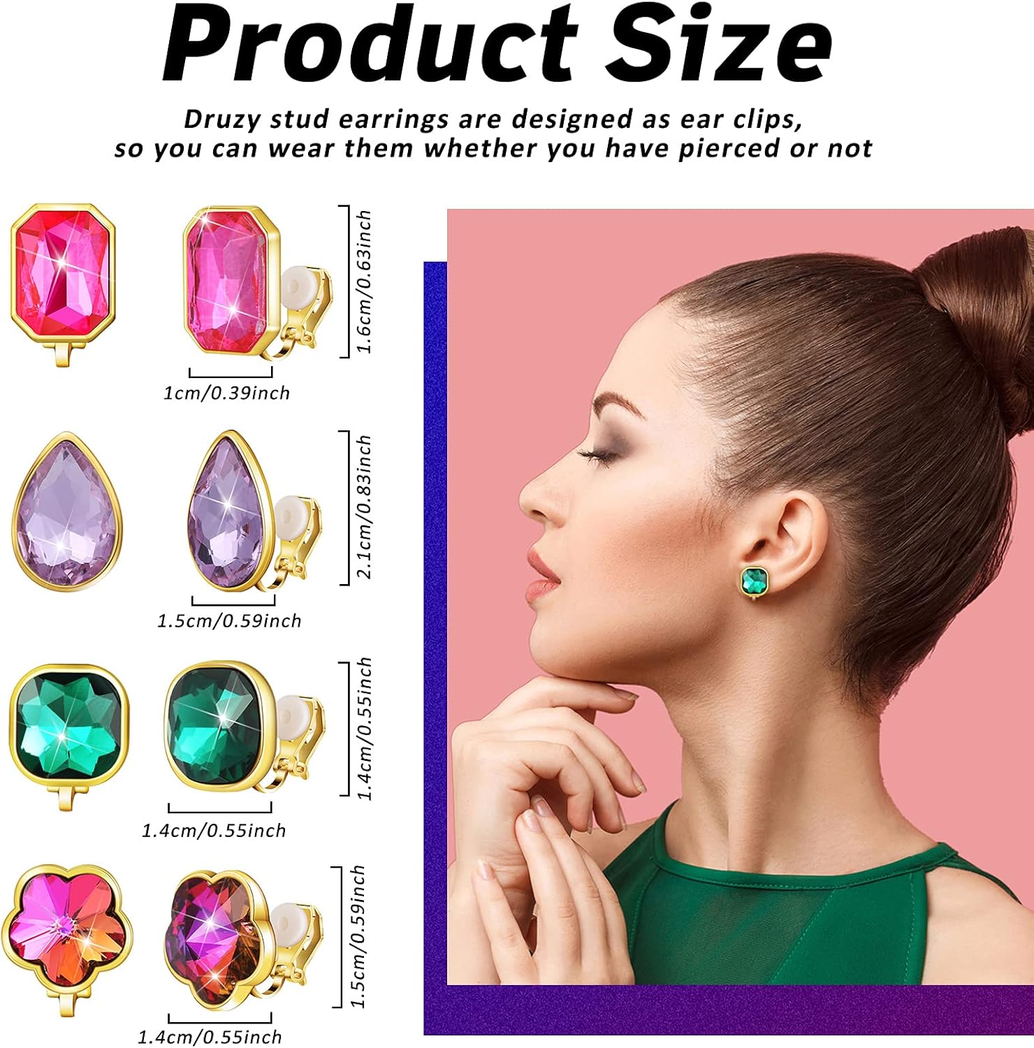 Hicarer 12 Pairs Clip on Earrings with Rhinestone, Non-pierced Vibrant Color Iridescent Birthstone Glittering Fake Earrings Set for Wearing It Yourself or Giving It As a Gift to Woman and Girl