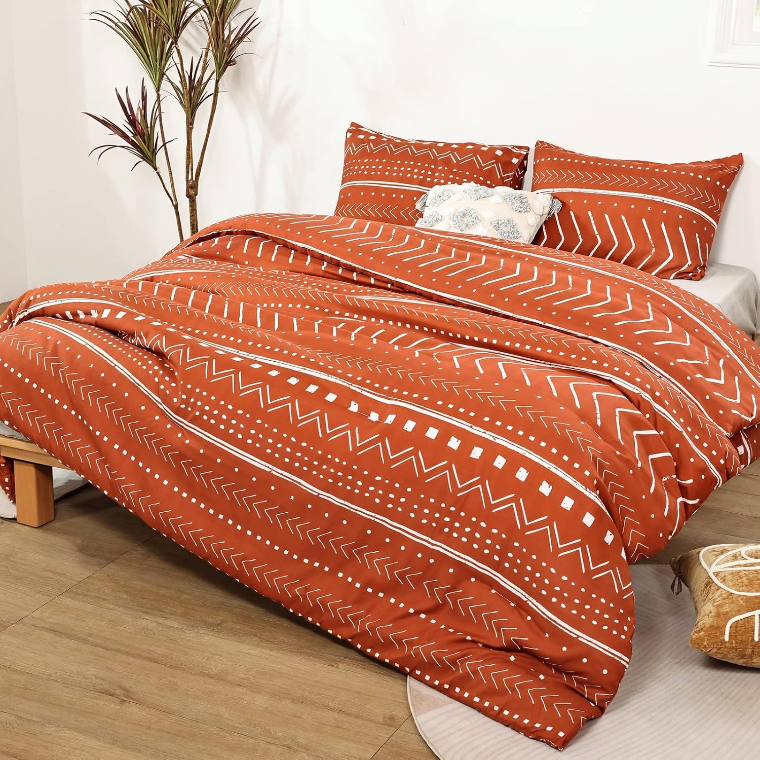 Smoofy Aztec Terracotta Comforters Full Size, Folkloric Art Pattern Burnt Orange Bedding Sets Full Boho Aztec Bohemian Full Comforter Set Soft Microfiber Fill Bedding, 1 Comforter 2 Pillowcases
