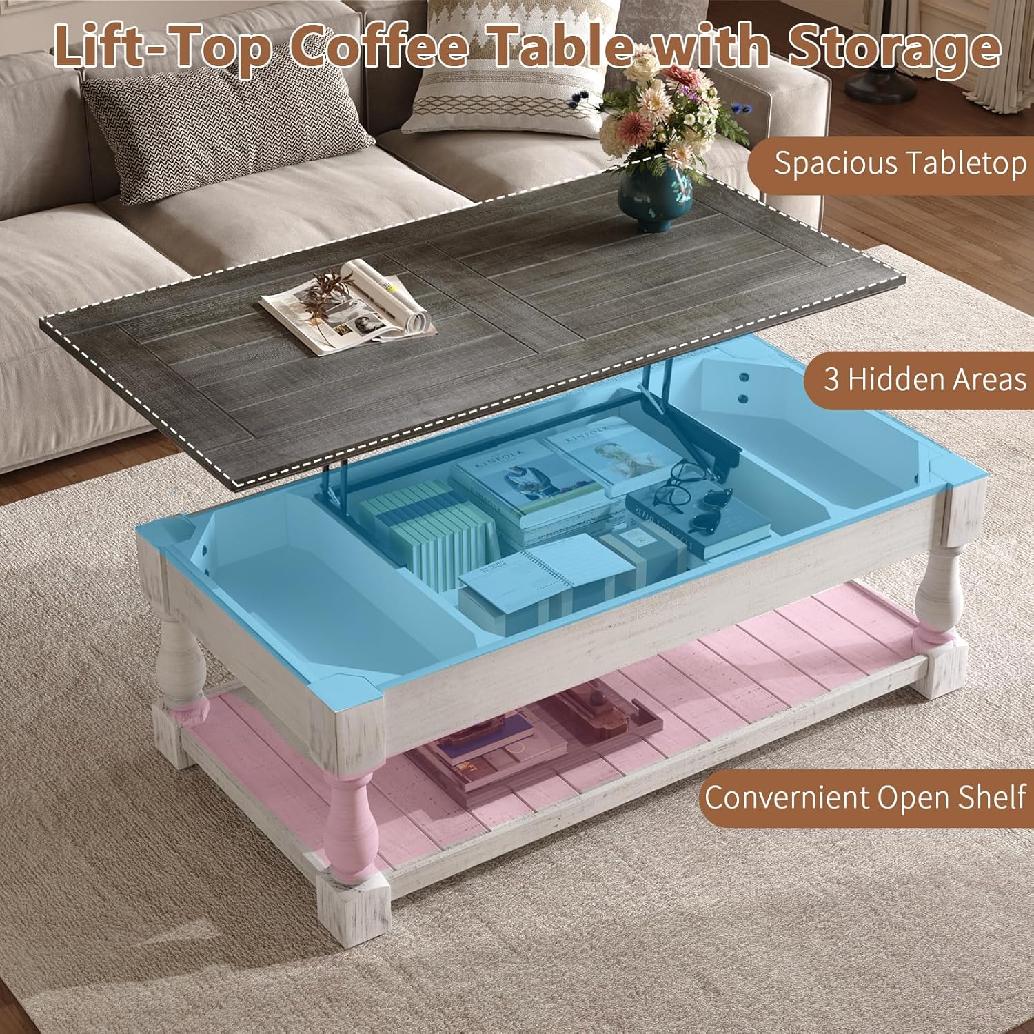 Henf Lift Top Coffee Table with Storage,47.24" Solid Wood Coffee Tables with Lifting Top,3 Hidden Storage Trays and Open Shelf, Rectangle Rustic Coffee Tea Table for Living Room,Small Space,White