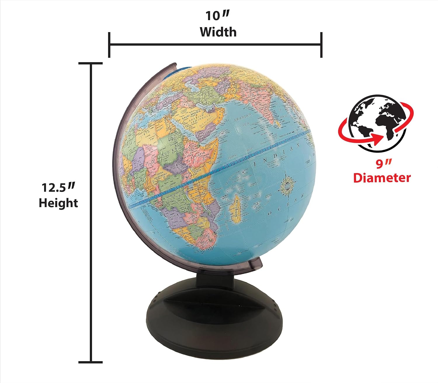 New Castle 9" Diameter Globe, USA Cartography with Mountain Relief, Sturdy Black Plastic Base and Blue Ocean Globe Ball. The New Castle globe is lightweight and durable. Standing 12″ tall this blue ocean globe is a great tool for high school and college students. The smoke black plastic base and semi-meridian are scratch resistant and strong. This up to date 9” diameter globe is the perfect size for a bedroom, dorm room or office setting.