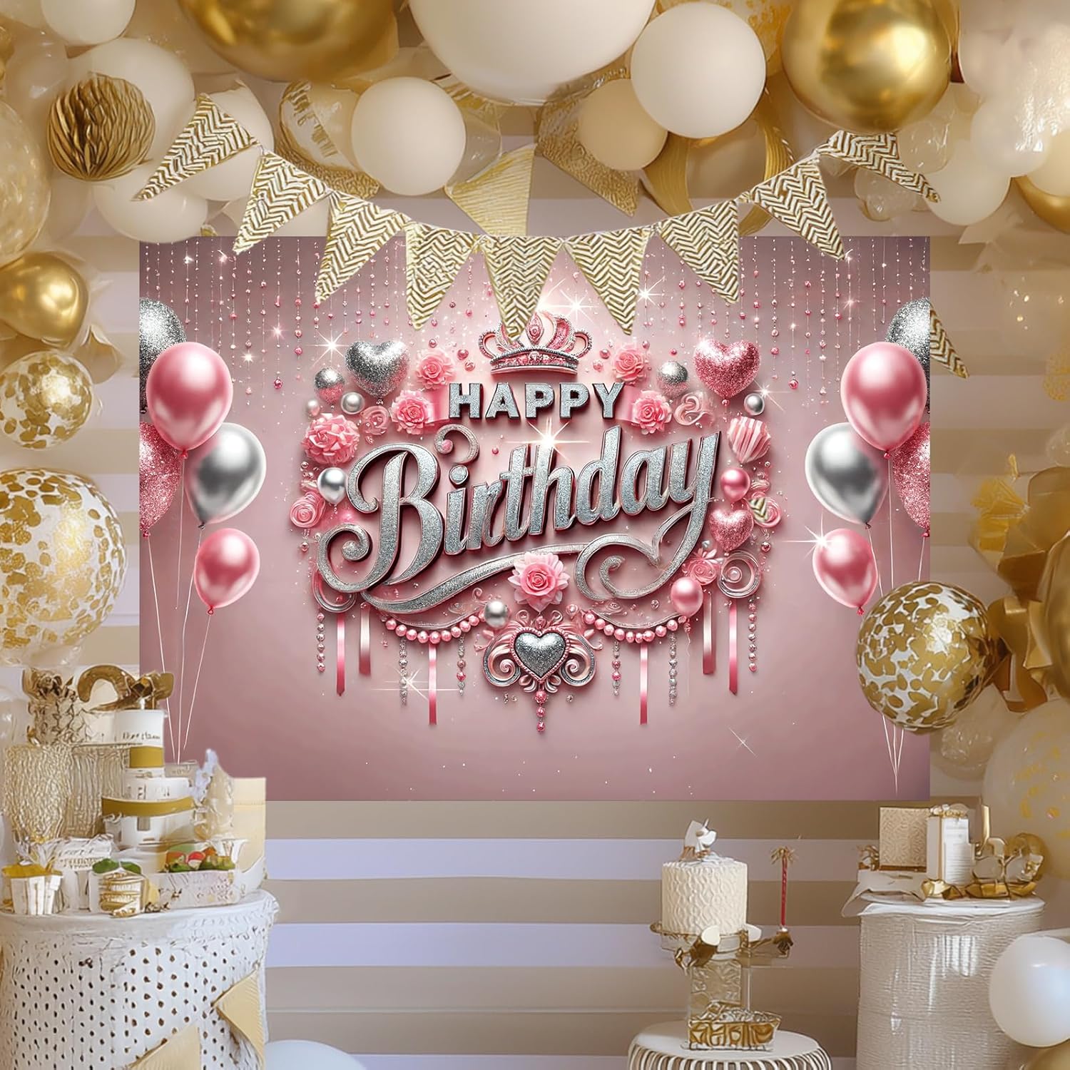HOMETITUTE Happy Birthday Backdrop Banner Sign Elegant Pink And Silver Happy Birthday Backdrop With Crown And Balloons 96x72 Inch Decorative Party Banner For Birthdays Party Decoration Supplies
