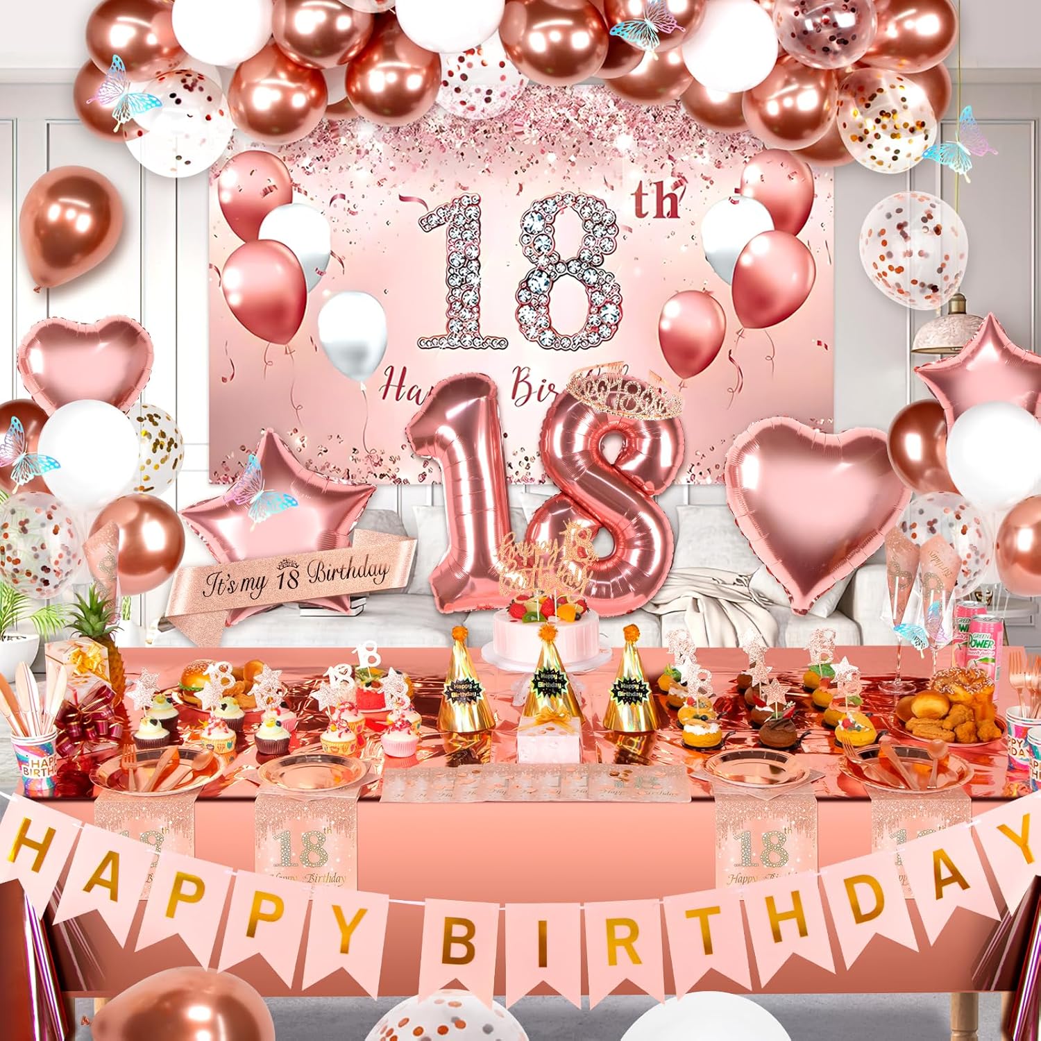 18th Birthday Decorations for Girls, Rose Gold Party Decorations Include Balloons, Backdrop, Curtains, Banner, Sash, Crown, Tablecloth, Plates, Cake Toppers for Women Girls Princess Queen Party - Image 2