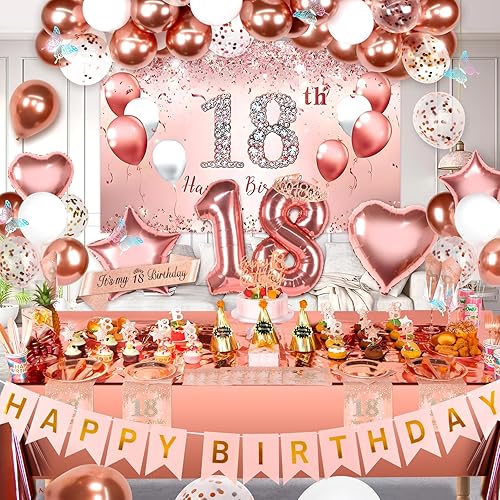 Miniatura 2 de Decoraciones de cumpleaños número 18 para niñas, decoraciones de fiesta de oro rosa incluyen globos, telón de fondo, cortinas, pancarta, banda,