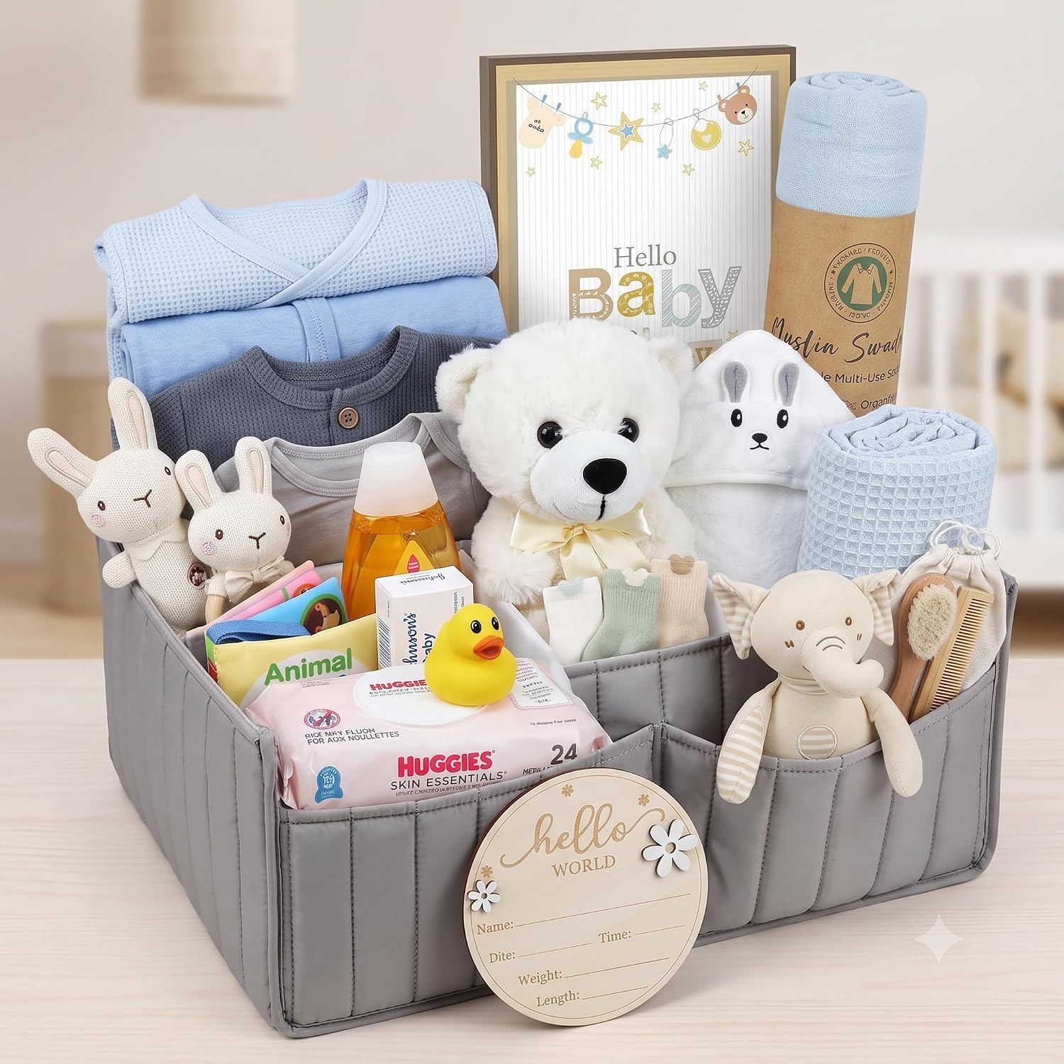 New Baby Boy Gift Basket in a Diaper Bag | Unique Gift Set for a New Mom Grey, Blue Baby Gift Set. Welcome Baby Care w/Newborn Essentials Bundle for After Labor Gift or Expecting Moms Baby Shower