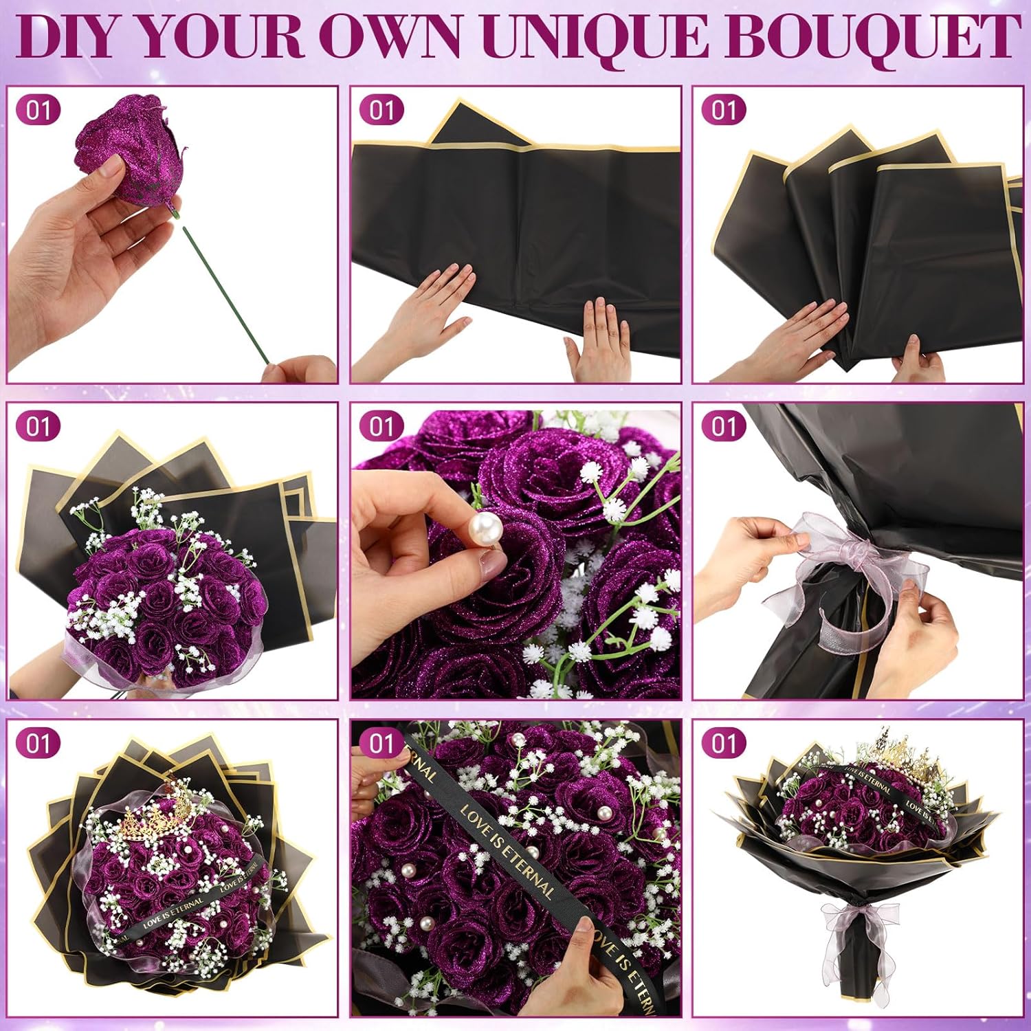 52 Pcs Glittery Roses Bouquet, DIY Fake Flowers Gypsophila Bouquet Artificial Roses Wrapping Paper Crown Ribbon for Christmas Valentines Mother's Day Birthday Wedding Gifts(Purple)