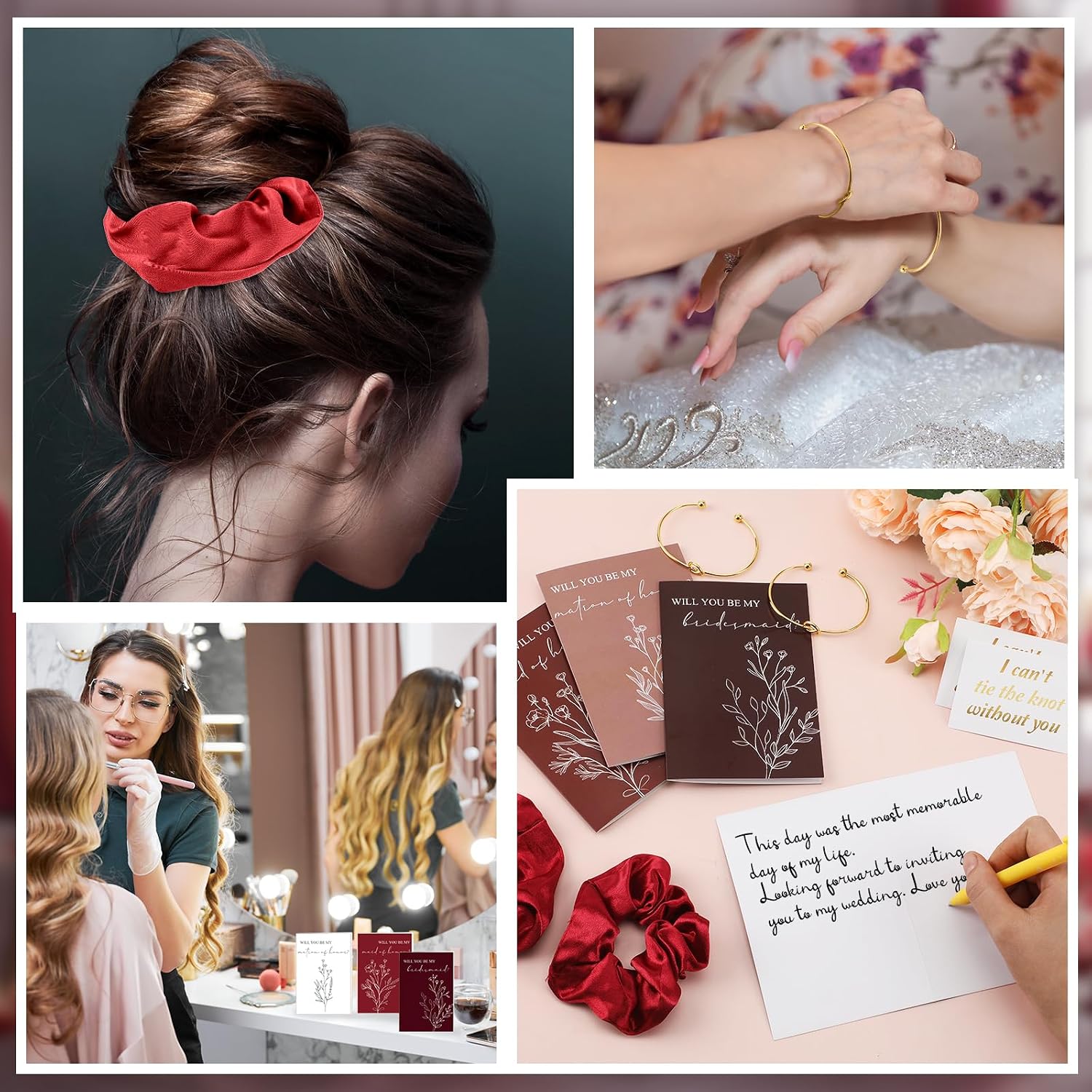 Brand 48 Pcs Bridesmaid Proposal Gifts Set: Includes Cosmetic Bags, Scrunchies, Hair Ties, Knotted Bracelets, Invitation Cards in Red