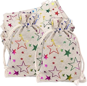 Jute Burlap Bags, 20PCS Burlap Bag with Drawstring, Hessian Gift Bags, Star Print Linen Burlap Bag Mini Gift Bags for Wedding Birthday Party DIY Craft 13x18cm