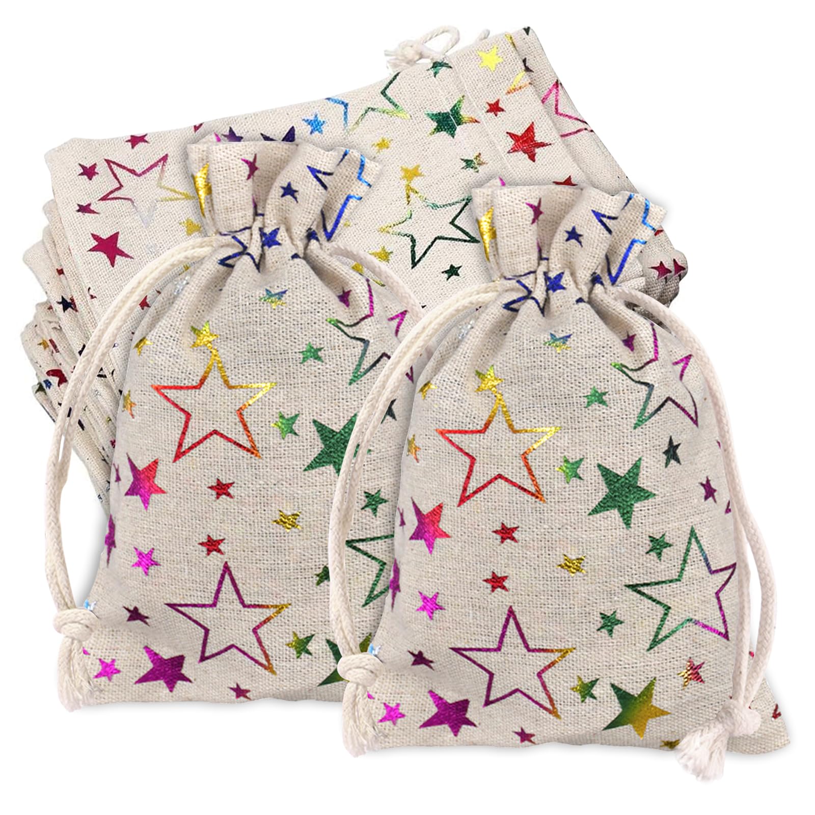 Jute Burlap Bags, 20PCS Burlap Bag with Drawstring, Hessian Gift Bags, Star Print Linen Burlap Bag Mini Gift Bags for Wedding Birthday Party DIY Craft 13x18cm