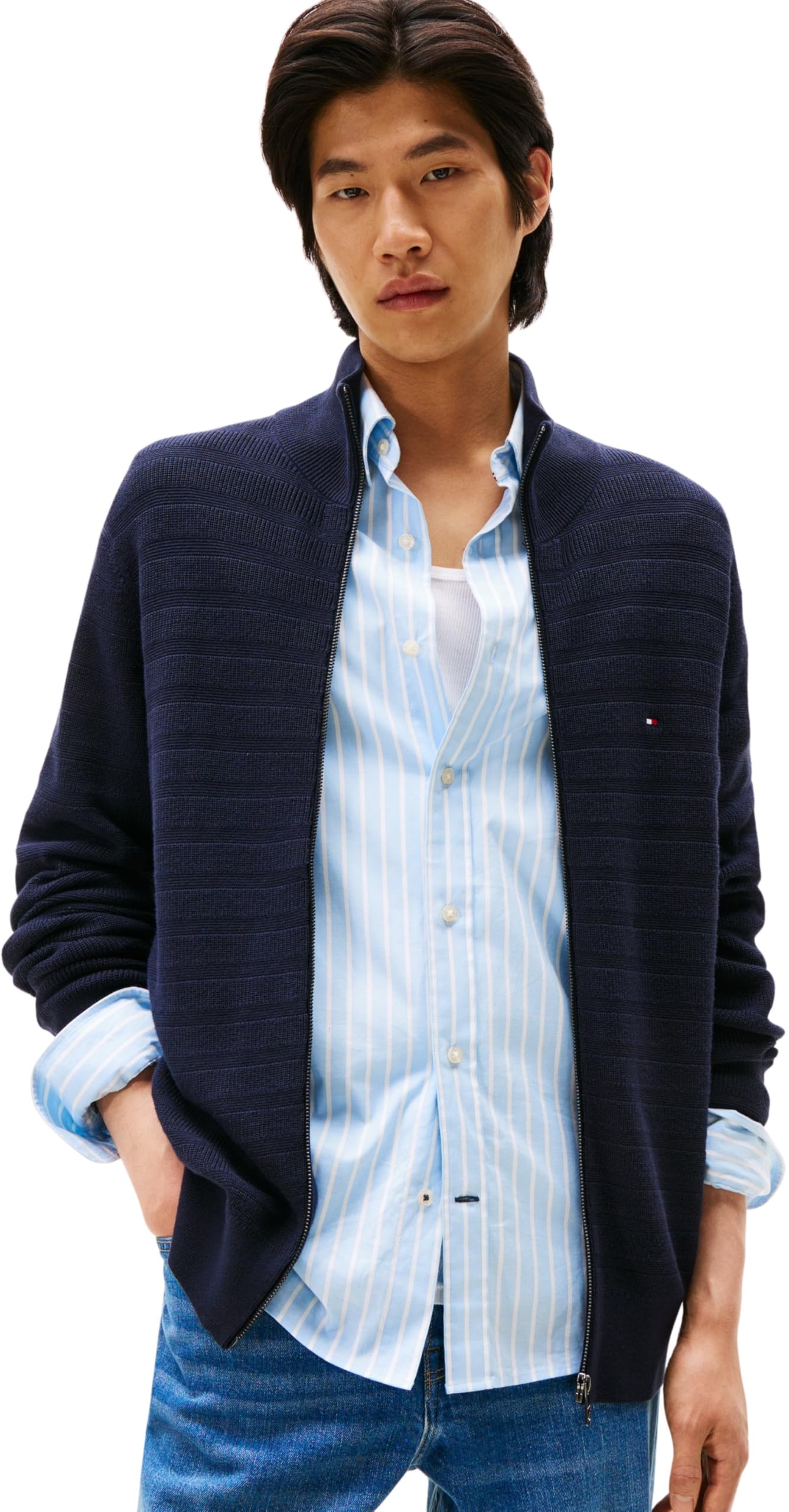 Tommy Hilfiger Herren Pullover mit Reißverschluss Stripe Structure Warm