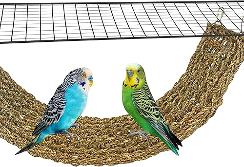 SIMENA Seagrass Mat for Birds, Natural Grass Woven Bird Net Hammock, Climbing Rope Ladder, Chew Toys for Parrots Lovebirds Cockatiels Conures Budgies, Cockatoos (Small)