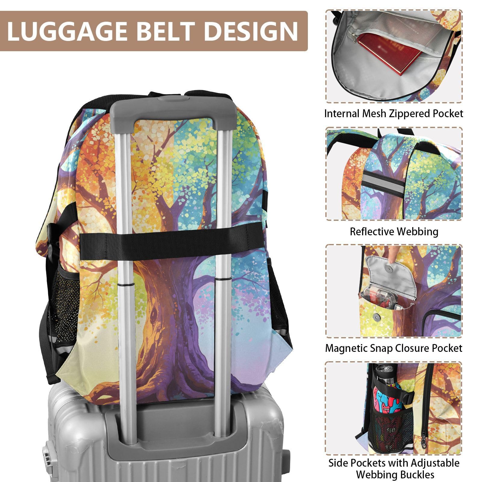 Rucksack mit buntem Baummuster und mehreren Taschen für Schule, Reisen, Outdoor, Uni, 44,5 cm (17,5 Zoll) Laptop-Rucksack für Damen und Herren