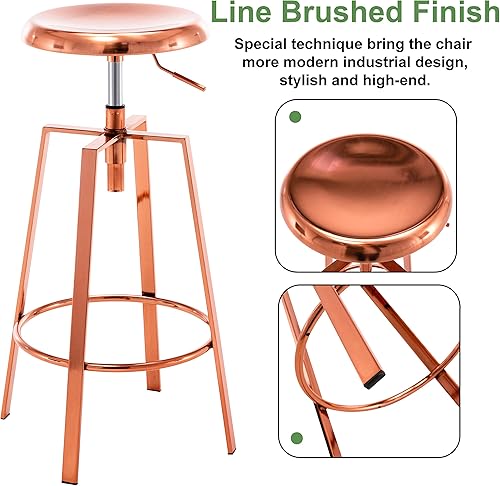 Miniatura 6 de Taburete de bar industrial ajustable, juego de 2 taburetes de bar giratorios redondos de metal, altura de mostrador, silla de bar con marco de metal