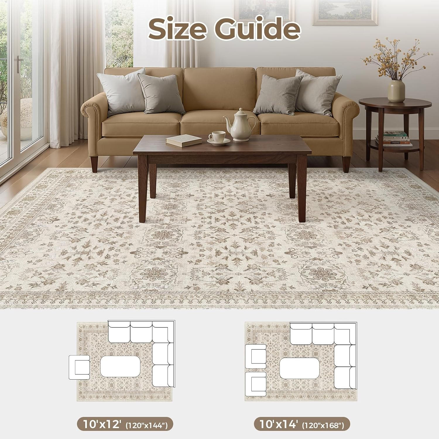 WITSHOCK 10x14 Area Rugs for Living Room - Washable Vintage Rug Retro Antique Dark Large Non Slip Low Pile Soft Indoor Floor Carpet for Bedroom Dining Room Home Decor, Beige