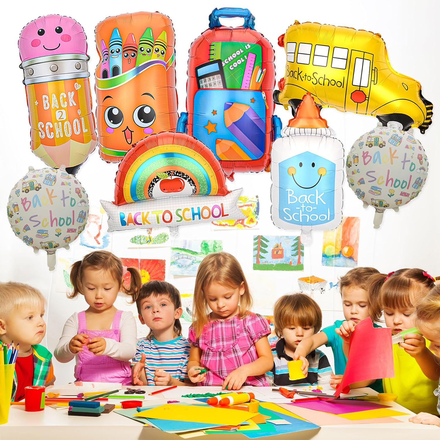 8 Pcs Back To School Foil Balloons Colorful School Bus Pencil Schoolbag Crayon Ruler Balloon First Day of School Mylar Balloons for Welcome Back To School Kindergarten Classroom Party Decorations image 3