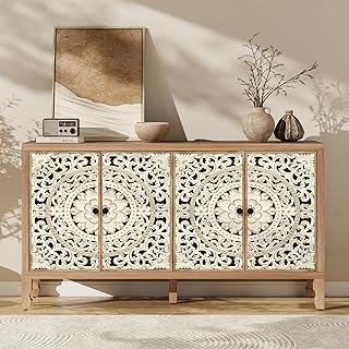 Buffet Cabinet with Storage, Accent Cabinet with 4 Carved Doors, Solid W...