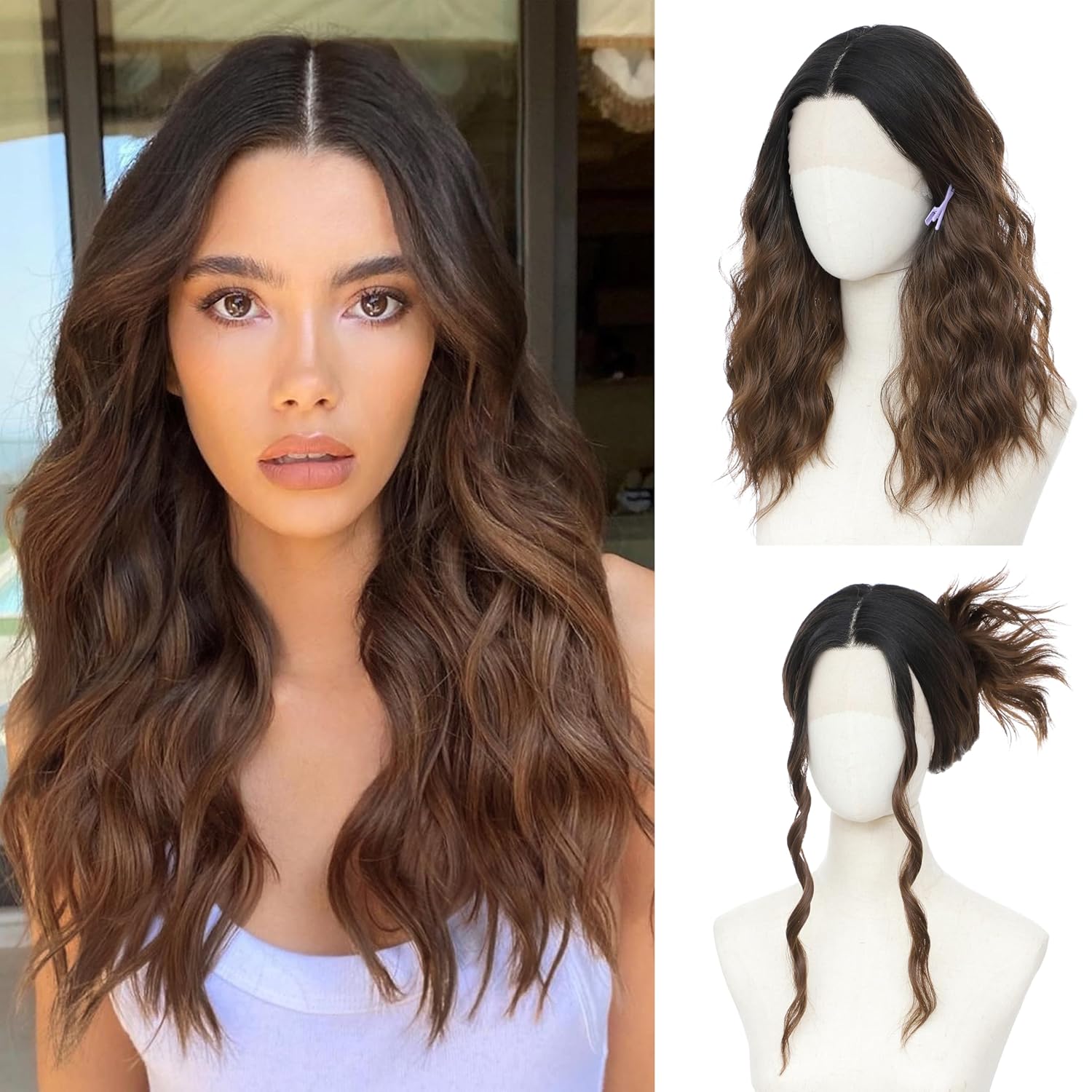 Wig 18 Inch Medium Length Wigs for Women Middle Part Synthetic Hair Wavy Wig with Upgraded Elastic Straps,Natural Hair Wigs for Daily Party/Halloween Use 18Inch,Ombre Blonde Lace Hairline