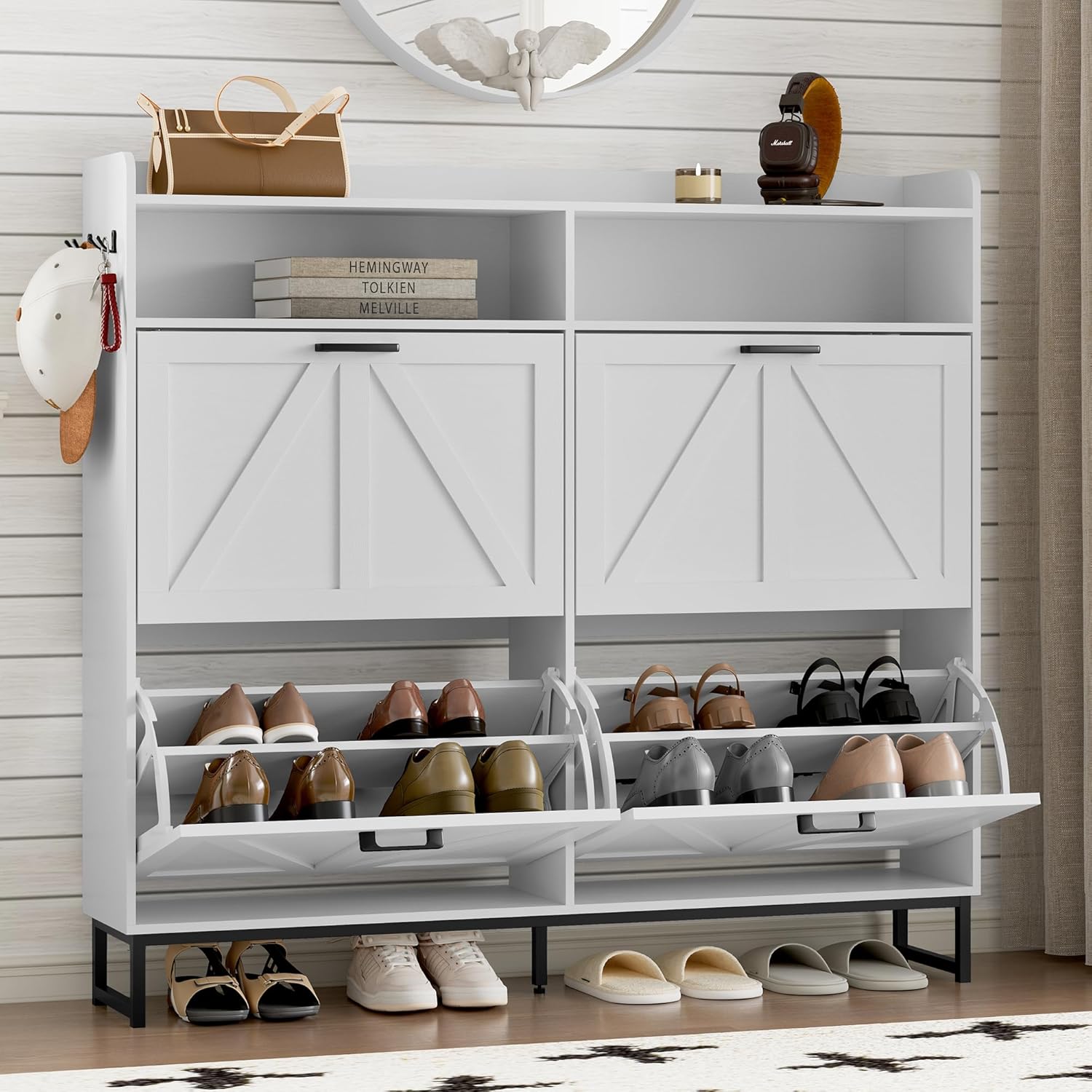 Shoe Cabinet with 4 Flip Drawers Narrow Shoe Storage Cabinet Organizer Wooden Freestanding Shoe Rack Hidden Slim Shoes Storage Cabinet for Entryway, Hallway, Living Room, Bedroom