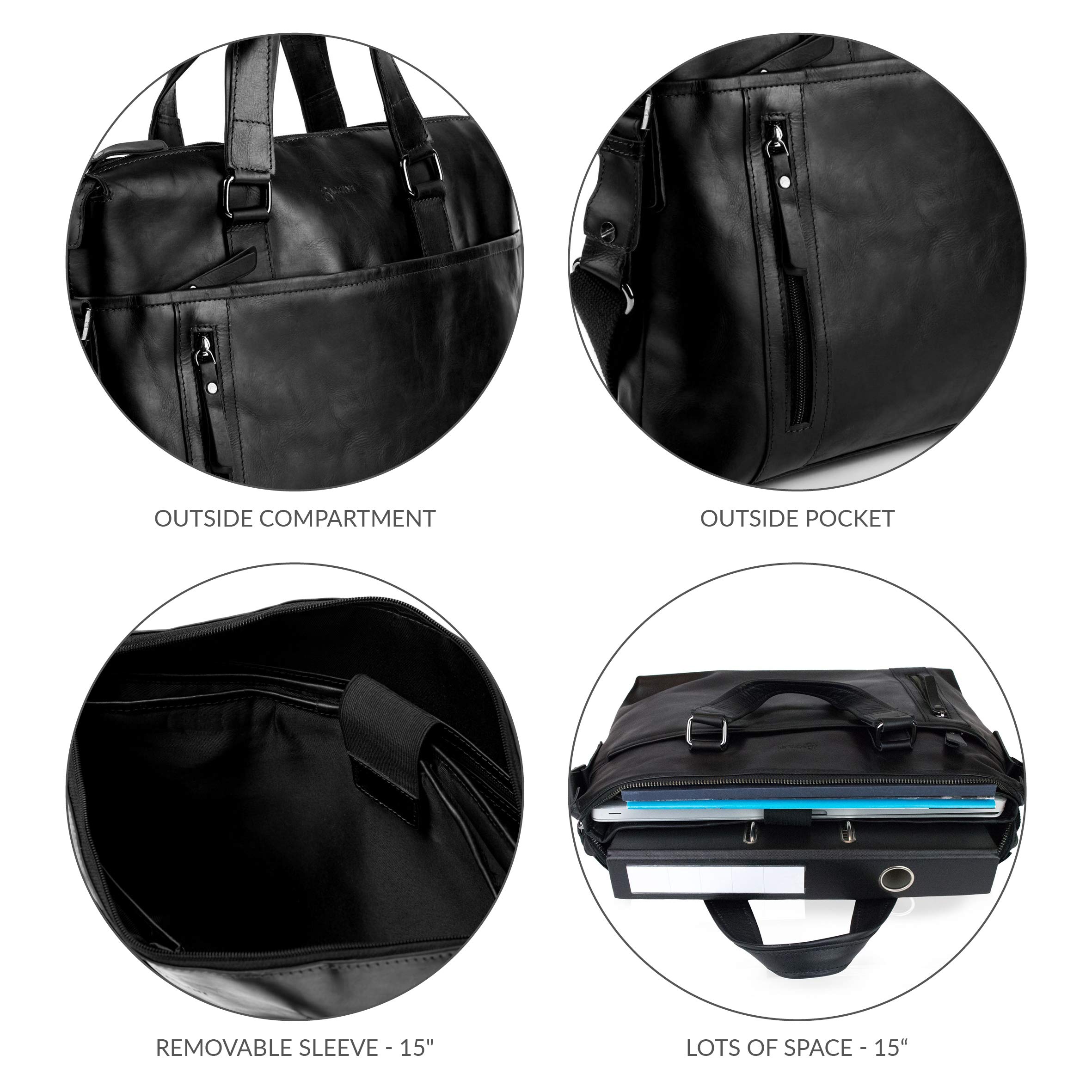 BACCINI Sac bandoulière Ordinateur Leandro | Compartiment 15" Laptop Cuir véritable | Sac Porte-Document en bandoulière Grand Homme Noir | Sac Messager école Etudiante Travail Fait à la Main