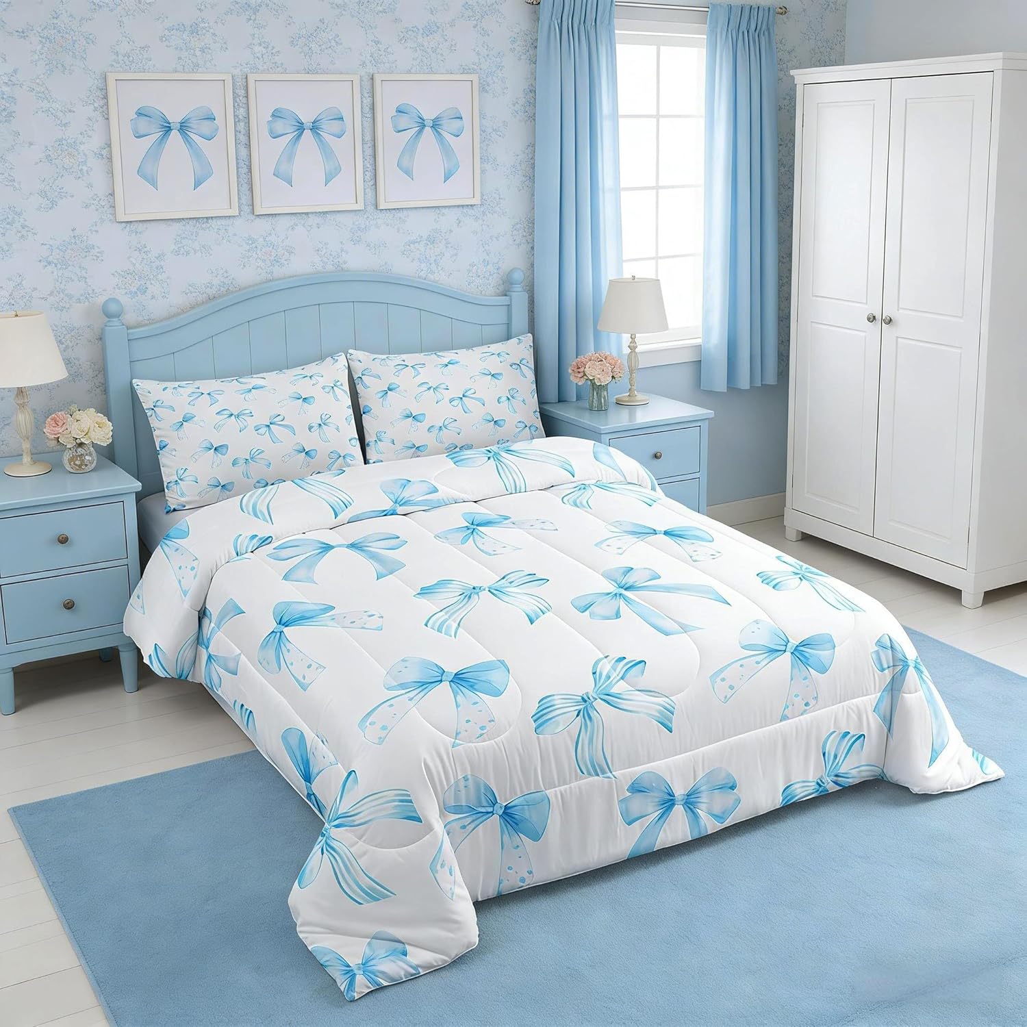 Feelyou Sky Blue Bow Bedding Set for Kids Boys Girls Twin Size Cute Dreamy Princess Style Comforter Set Ultra Soft Bow Pattern Comforter Sky Blue Bowknot Duvet Quilt Bedroom Decor Bow Quilt