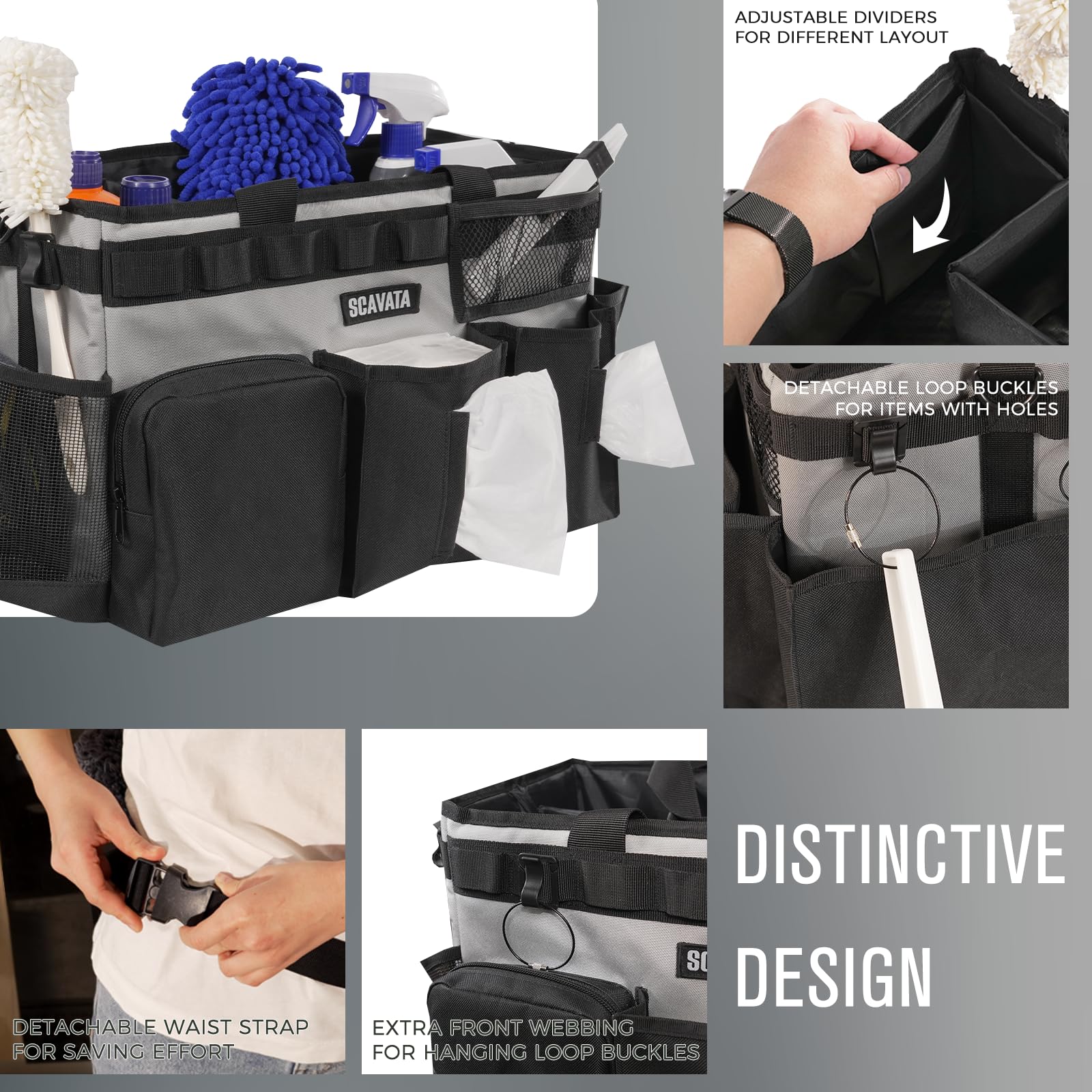 SCAVATA Cesta de Limpieza portátil, Organizador de Suministros con asa y Tirantes para Mujeres de Limpieza, Debajo del Fregadero y el Coche, con 4 separadores Plegables (Negro Gris)