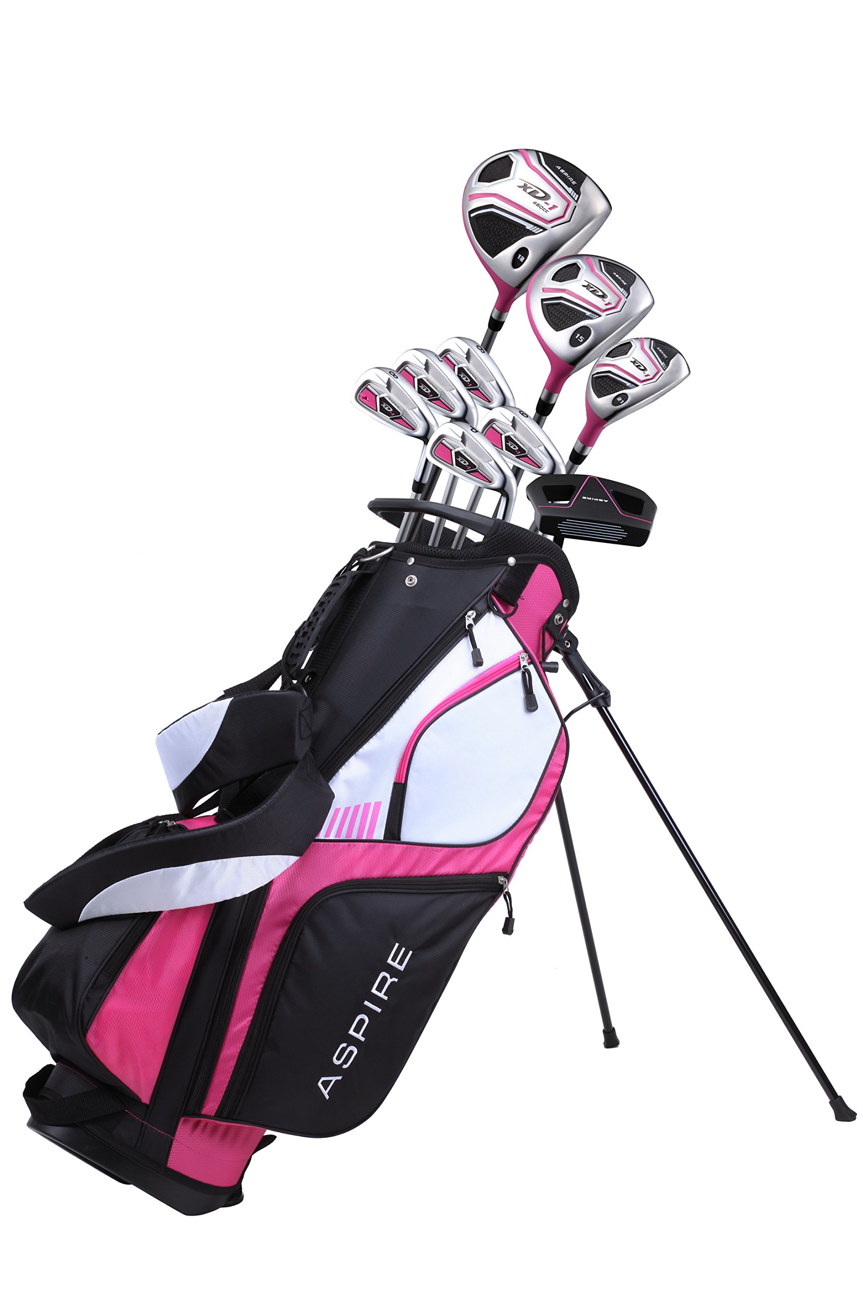 Aspire XD1 Womens Golf Clubs Full Set, Includes Driver, Fairway, Hybrid, 6-PW Irons, Putter, Stand Bag, 3 H/C's, Ultra-Light Graphite Shafts, Golf Clubs Women Right Handed, Comes in 3 Sizes, Pink
