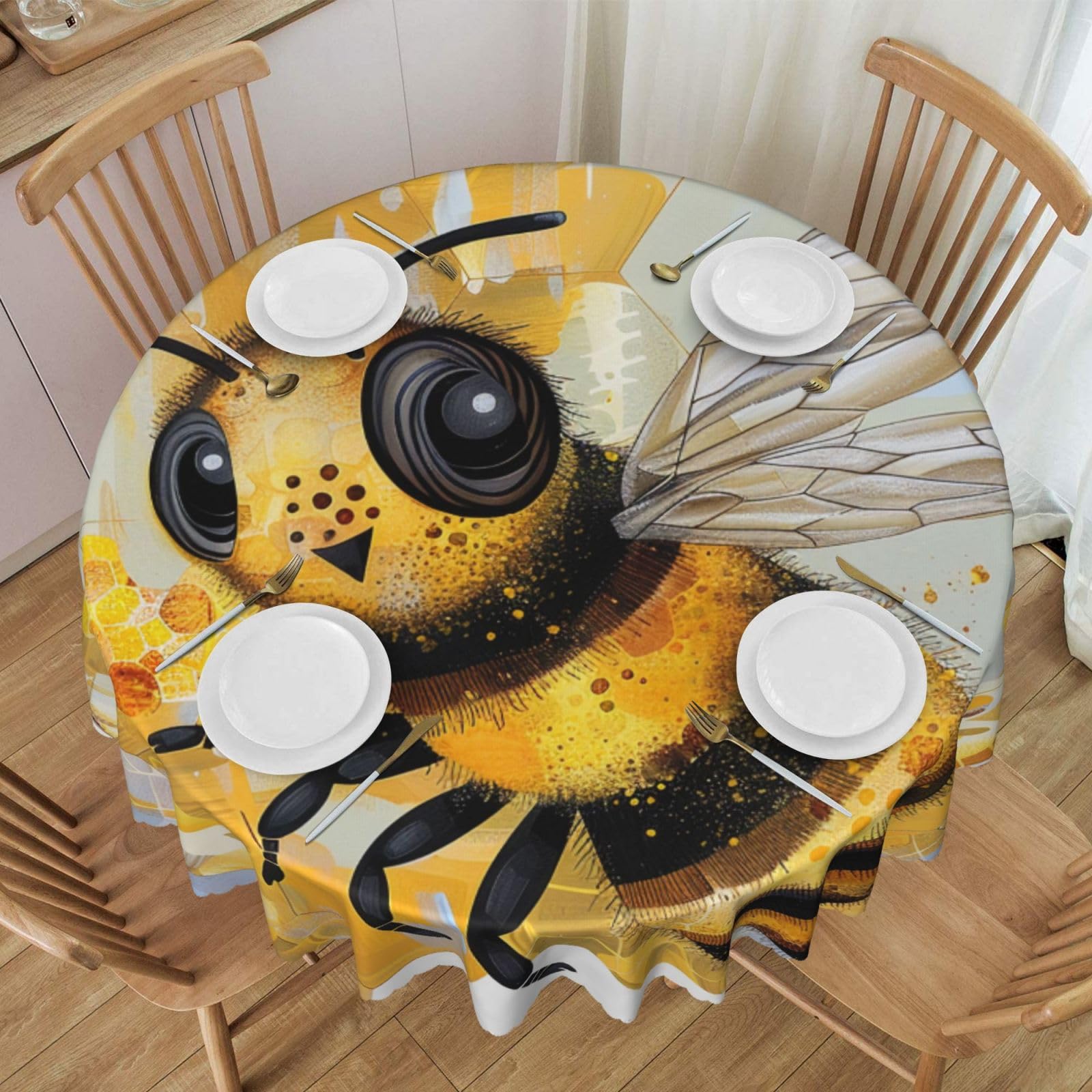 WPKJU Honey Bee Art Printed Round Tablecloth 60 Inch with Lace Trim, Water-Resistant Washable Table Cover for Farmhouse Weddings, Outdoor Picnics & Holiday Dining