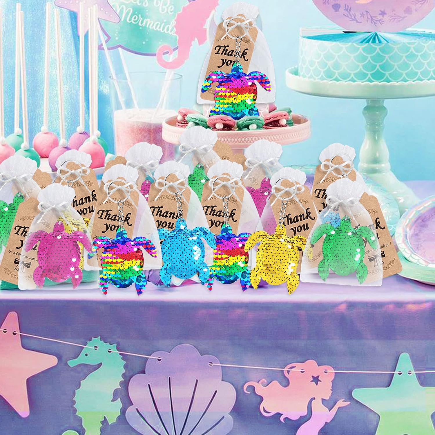 CiciBear 60 Pack Turtle Double-Deck Flip Sequin Party Sets with 20 Keychains, 20 Thank You Tags and 20 Bags for Ocean Animal Party,Birthday,Carnival, Goodie Bag Stuffers, 5 Colors