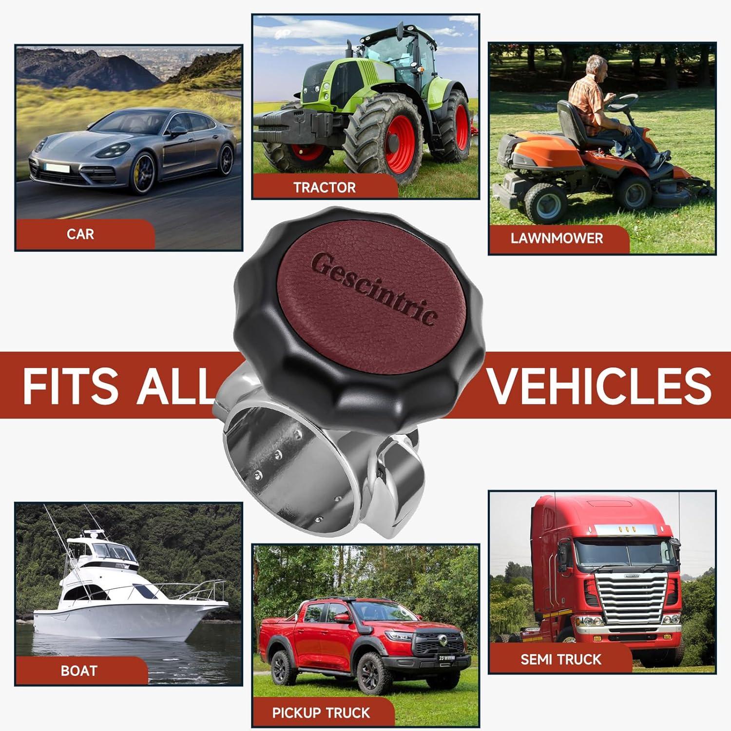 Steering Wheel knob Rotator, Vehicle Steering Wheel Rotator Ball Durable Suicide knob for Cars, SUV，Pickup Trucks, semi-Trailers, Vans, Lawn mowers, Tractors, Boats, etc (Red Cowhide)