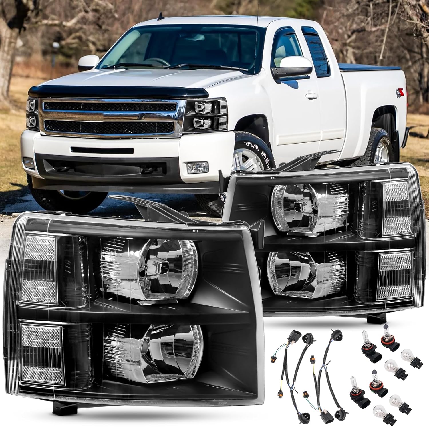 Headlights Assembly Set With Bulbs & Harness For 2007-2013 Chevy Silverado 1500/2007-2014 Silverado 2500 3500&HD Cab Pickup Replacement Headlamps Black Housing Clear Reflector&Lens GM2502280 GM2503280