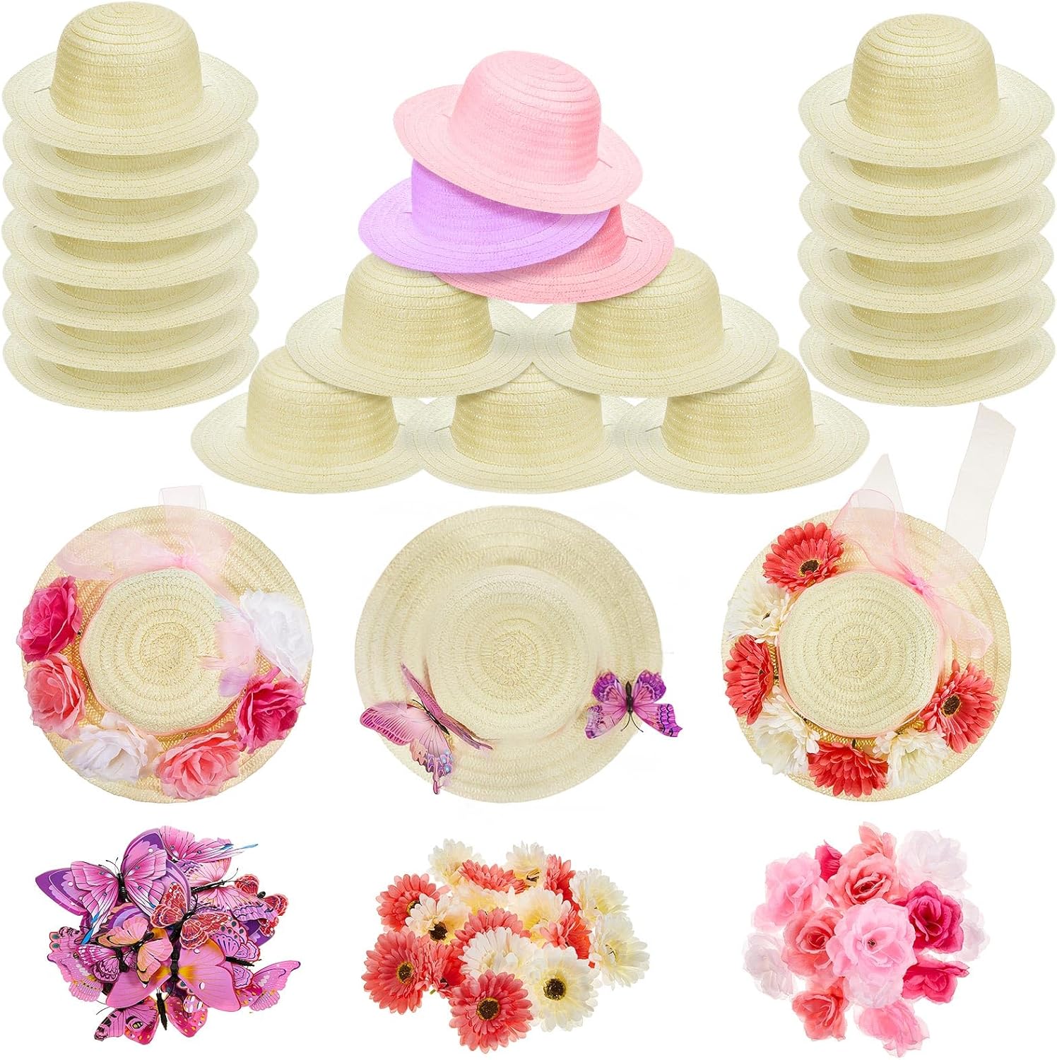 Hotop 197 Pcs DIY Girls Straw Hats Set Tea Party Hats for Kids Include 24 Pcs Straw Hats 48 Pcs Artificial Flower 24 Pcs Faux Butterfly Straw Hats for Craft Dress up Hats