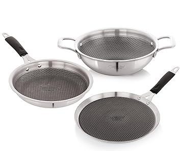 NIRLON Prima Honeycomb Stick Free Triply Stainless Steel Cookware Combo Set of 3Pc |Flat Tawa29cm/Fry Pan 24cm/Deep Kadai 24cm-2.6Ltr|Induction and Gas Stove Friendly