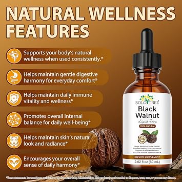 Black Walnut Drops 60ml, Black Walnut Hull Liquid Extract, Maintain Cellular Health, Supports Healthy Skin, Supports Lmmune System Balance, Alcohol-Free, Sugar-Free, 100% Natural Formula
