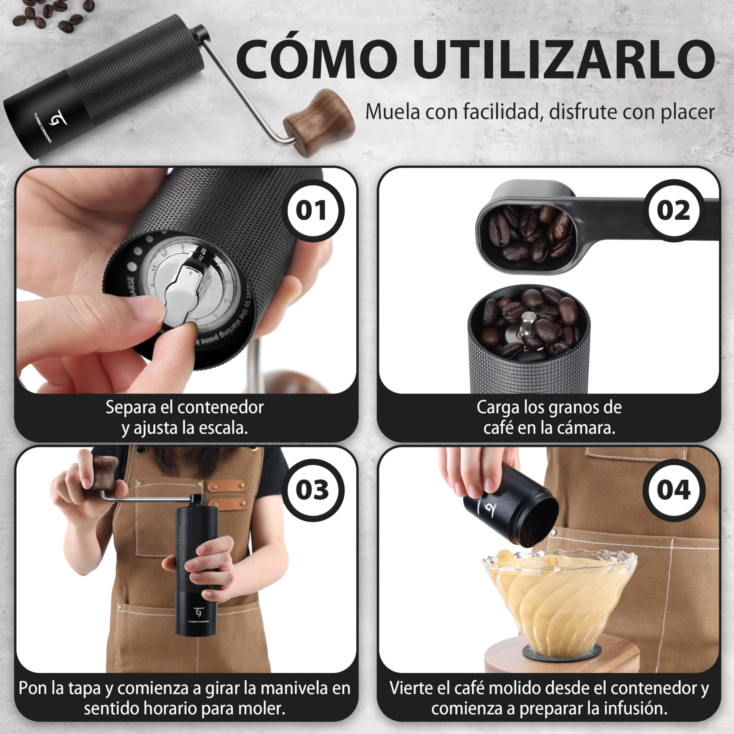 SUNYA Molinillo de Café Manual con Cónica de Acero Inoxidable incluye un Recetario de Café Molino de Cafe Portátil con Molido Preciso Ajustable, Negro (MCG-02 Negro)