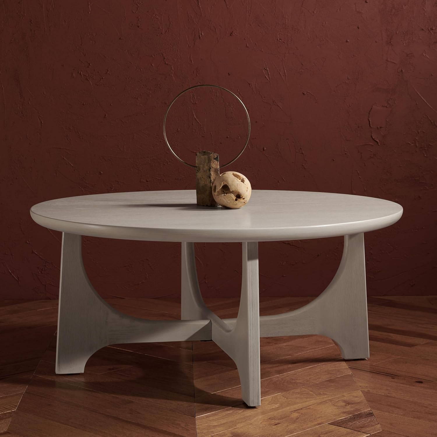SAFAVIEH Furniture - Sasha Wood Coffee Table - White Washed - Wood - Modern Round Design - Ideal for Living Room, Family Room, Lounge, 40"W x 40"D x 17.5"H (SFV2128A)