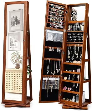 360 Rotating Jewelry Armoire, Full-Length Mirror with Storage, Lockable Jewelry Cabinet with Inside Makeup Mirror, Large Storage Space, Standing Jewelry Organizer for Makeup Walnut