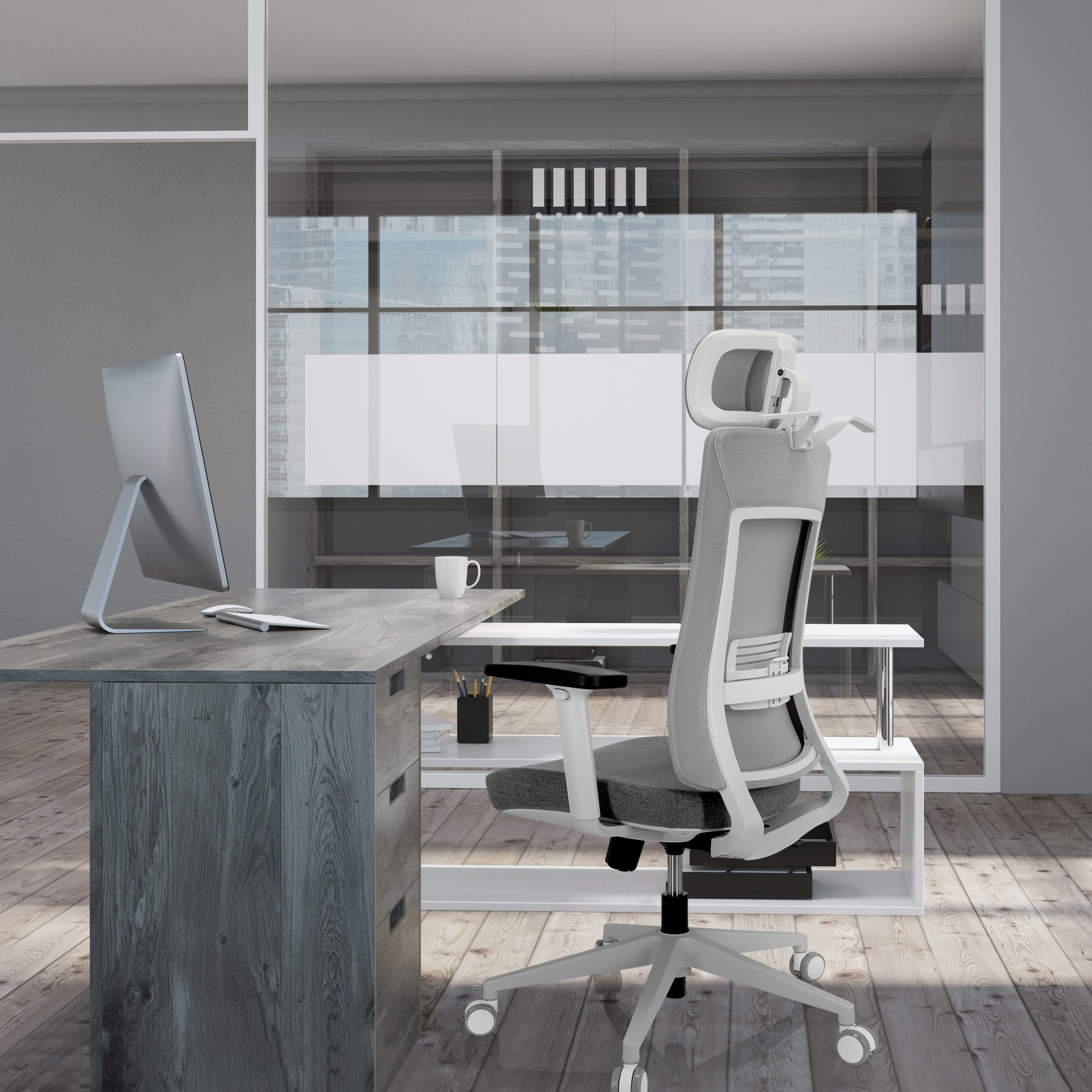 hjh OFFICE 810038 Comfio WMH ergonomiczne krzesło biurowe z regulowanym zagłówkiem lędźwiowym i zagłówkiem, materiał/siatka, kolor szary