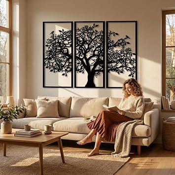 3 Panels Family Tree Metal Wall Decor Tree of Life Metal Wall Art, Home Bedroom Living Room Decor 3D Wall Art 3 Panels Family Tree Metal Wall Decor Modern Decoration (Black, 30W x 20H/76x51cm)