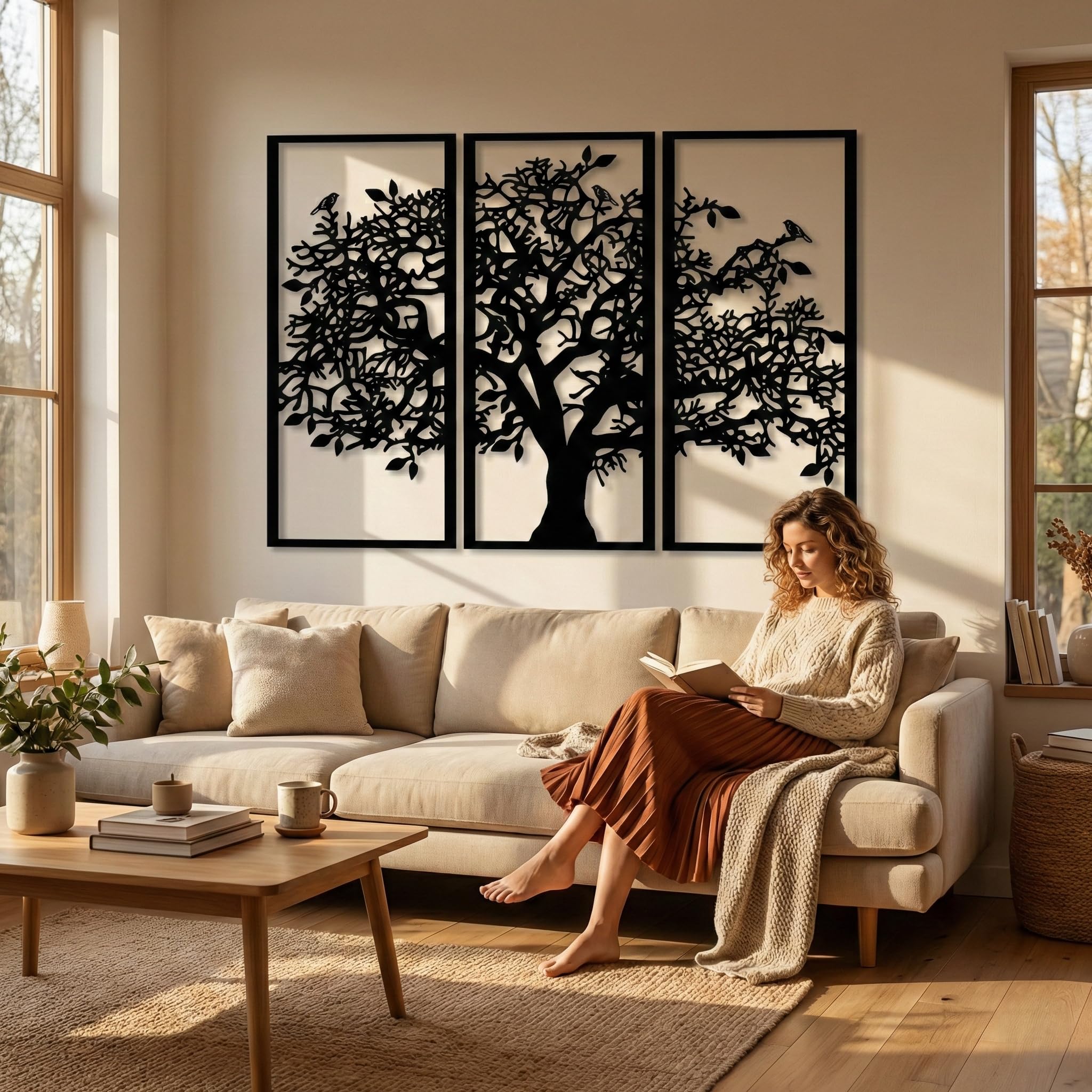 DEKADRON 3 Panels Familienstammbaum Metall Wanddekoration Baum des Lebens Wandkunst für Zuhause Schlafzimmer Wohnzimmer 76x51cm schwarz