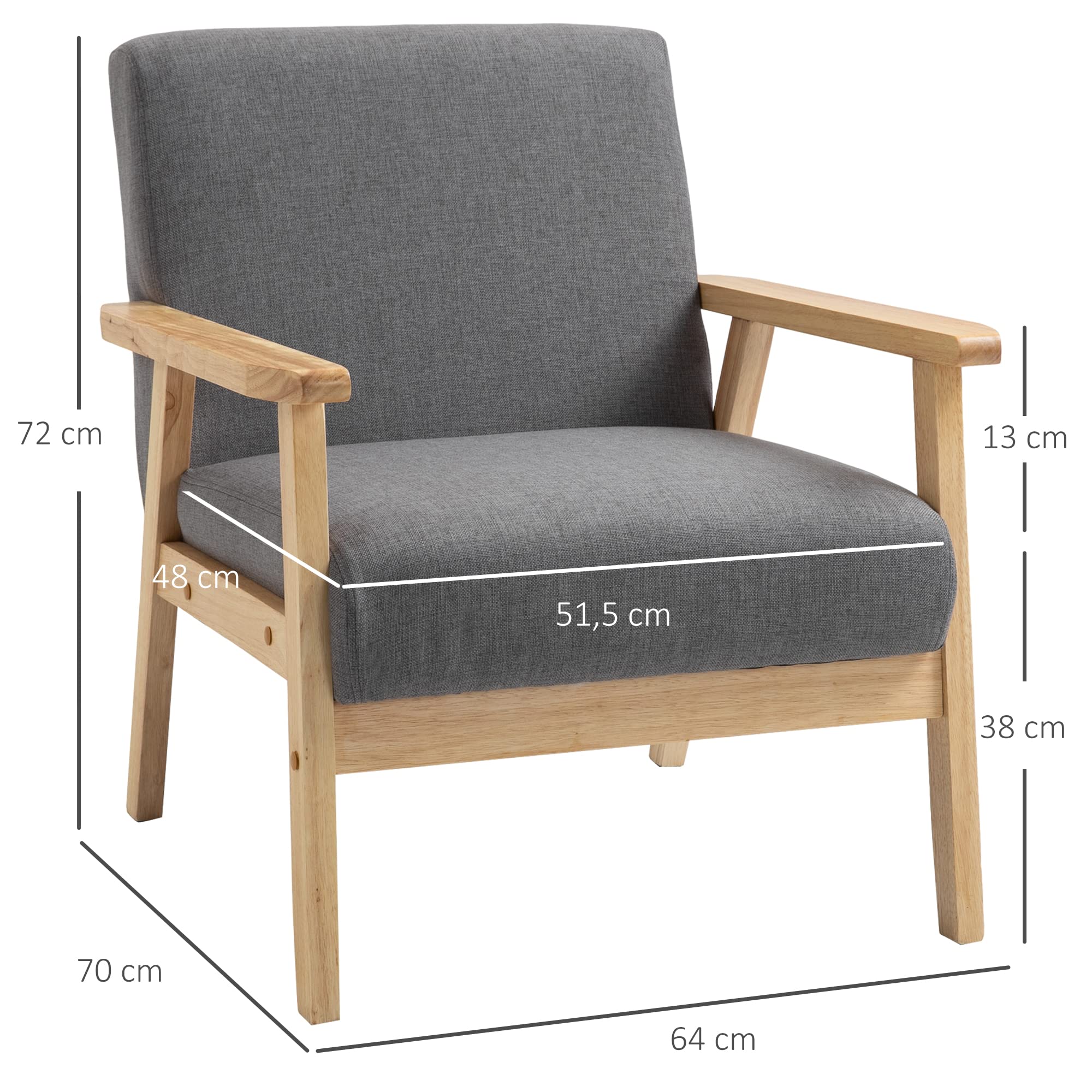 HOMCOM Fotel z uszami, do jadalni, z podłokietnikami, tapicerowany fotel o wyglądzie lnu, fotel relaksacyjny do sypialni, salonu, lite drewno, szary, 64 x 70 x 72 cm