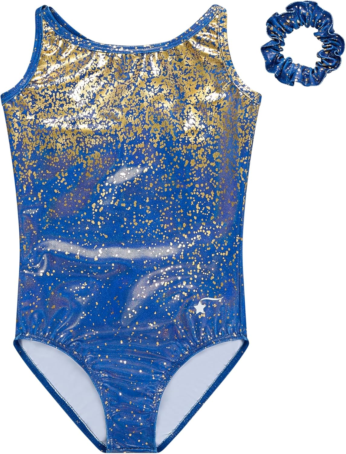 Destira Light The Night Strappy Gymnastics Leotard for Girls – Blue Gold Hologram Foil Shimmer Dance Leo, Matching Scrunchie