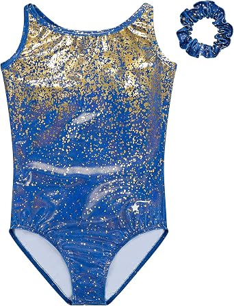 Destira Light the Night Gymnastics Leotard for Girls, Blue & Gold Simmer | Premium Performance Hologram Foil Fabric Strappy Style Matching Scrunchie Made in USA Comfortable Stretch Fit