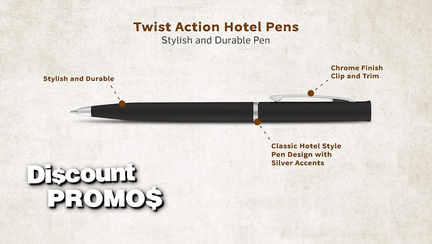 DISCOUNT PROMOS 10 Twist Action Hotel Pens Pack - Plastic, Black Ink - Black