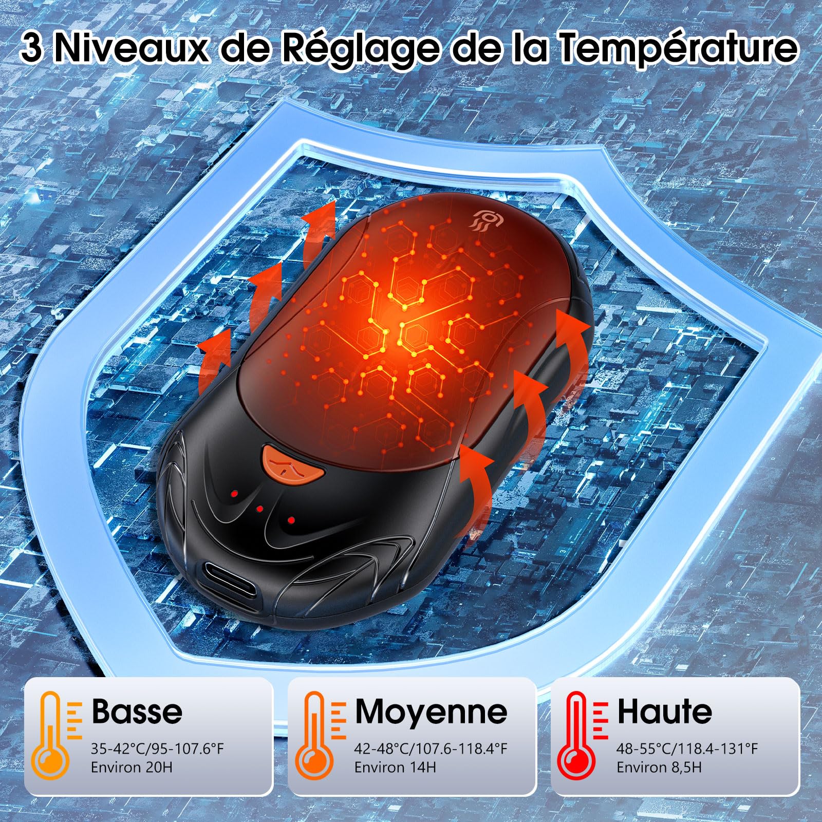 Chauffe-Mains Électrique 20 Heures de Chauffage 6000mAh Lot de 2, OUTJUT Rechargeables USB 3 Modes de Chauffage Rapide, pour Sport en Plein Air et Hiver, Idée Cadeau de Noël