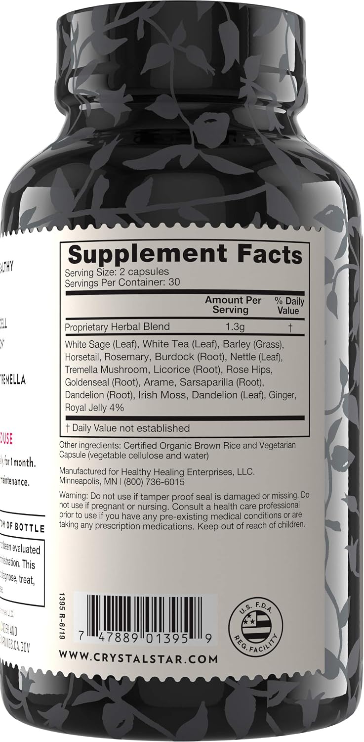Crystal Star Beautiful Skin Supplement (60 Capsules) - Herbal Skincare for Natural Plant-Based Collagen and Daily Rejuvenation – White Tea, Tremella Mushroom, White Sage & Sarsaparilla - Non-GMO