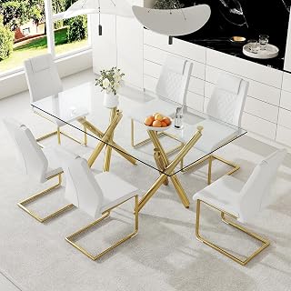 Ebullient Modern Dining Table Set for 6, 71‘’Glass Dining Table Top and Gold Metal Table Legs, Rectangle Dining Tables with 6 White Upholstered Dining Chairs for Dining Room and Kitchen.