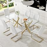 Ebullient Modern Dining Table Set for 6, 71‘’Glass Dining Table Top and Gold Metal Table Legs, Rectangle Dining Tables with 6 White Upholstered Dining Chairs for Dining Room and Kitchen.