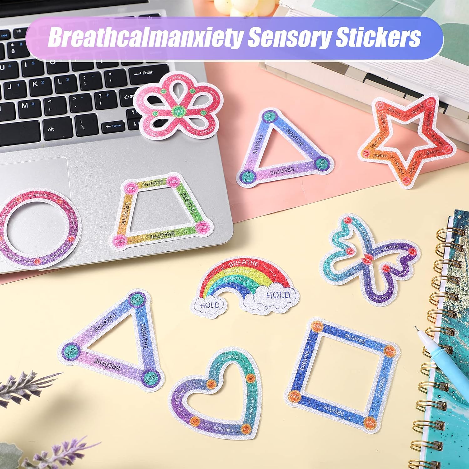 Crtiin 80 Pcs Ink and Starry Sky Anxiety Sensory Stickers with Inspirational Quotes 40 Style Mindfulness Fidget Textured Strip Office Adhesive Sensory Tape Anti Stress for Adults School(Shaped)
