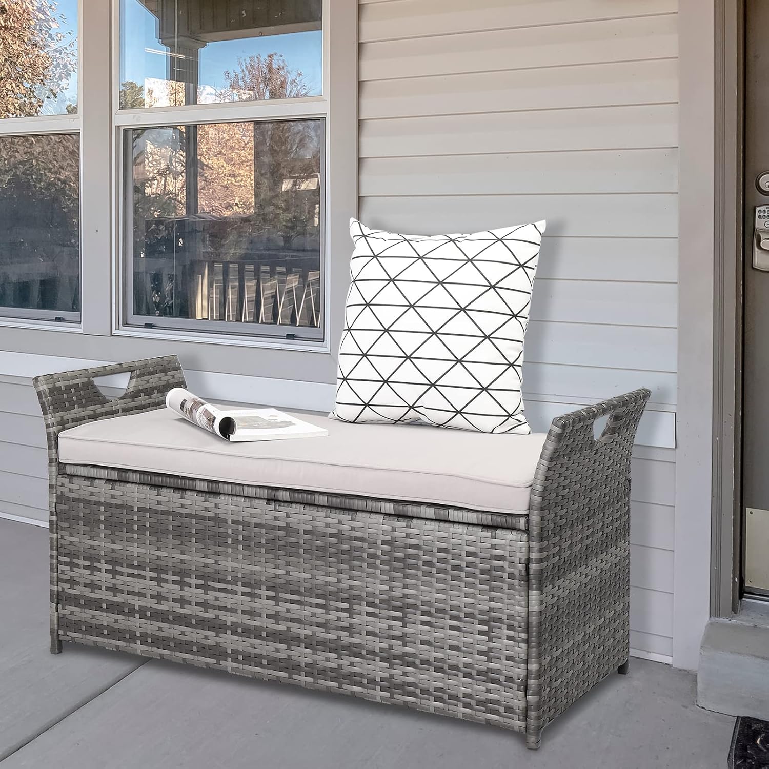 Outvita Outdoor Storage Box, Patio Rattan Storage Bench with Cushion for Backyard, Balcony, Poolside, Garden (Gray)
